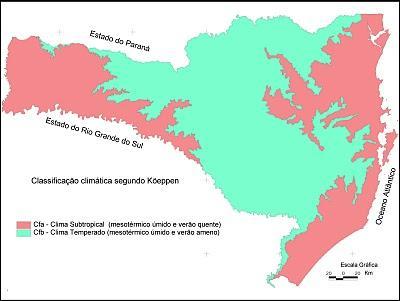 Mapa do clima de Santa Catarina Grupo C (mesotérmico) temperatura média do mês mais frio está abaixo de 18ºC. Grupo úmido (f) nenhum mês com pluviosidade inferior a 60 mm.