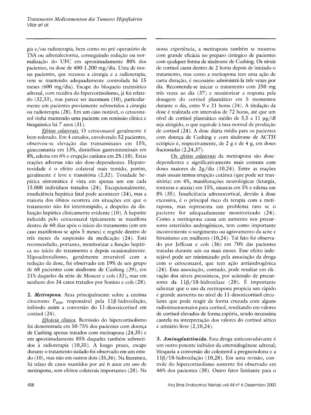 gia e/ou radioterapia, bem como no pré-operatório de TSA ou adrenalectomia, conseguindo redução ou normalização do UFC em aproximadamente 80% dos pacientes, na dose de 400-1.200 mg/dia.