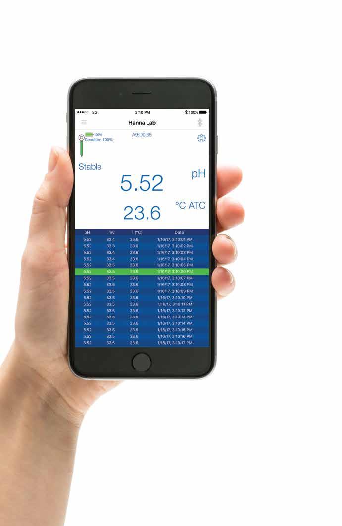 Apresentação da aplicação Hanna Lab Aplicação Hanna Lab Disponível para ios e Android A primeira aplicação que transforma um Smartphone ou Tablet num medidor de ph profissional Quando usada com um