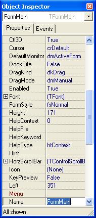 Figura 19: Propriedades do Form principal no Object Inspector Vamos aproveitar e mudar as propriedades Name e Caption desse Form: Name = FormMain Caption = Projeto Base Temos agora que