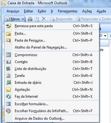 -botão : abre a janela de criação de mensagem. Ao se clicar na setinha do lado direito do botão, podemos selecionar outras opções como compromissos, contatos, etc.