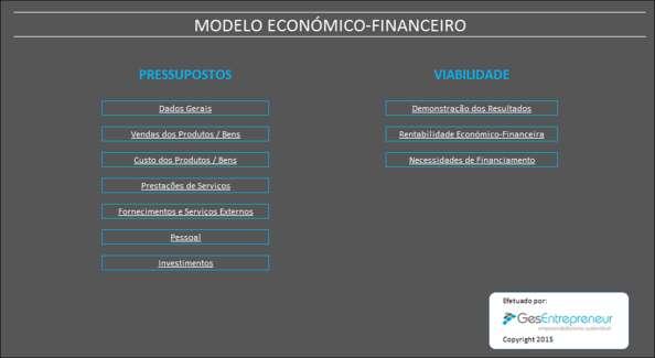 A. HIPERLIGAÇÕES A primeira folha do ficheiro mostra o resumo da Matriz Financeira.