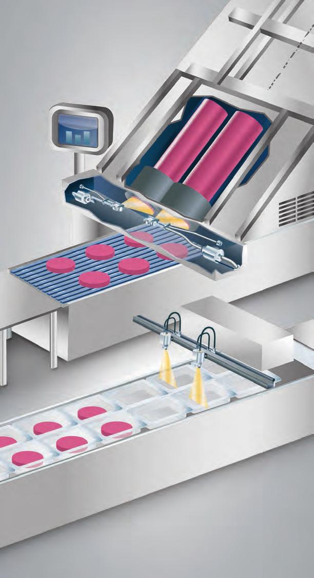 Os testes mostraram cobertura consistente em todas as embalagens de produtos triturados derivados de carne usando o Sistema de Pulverização Antimicrobiana AutoJet.