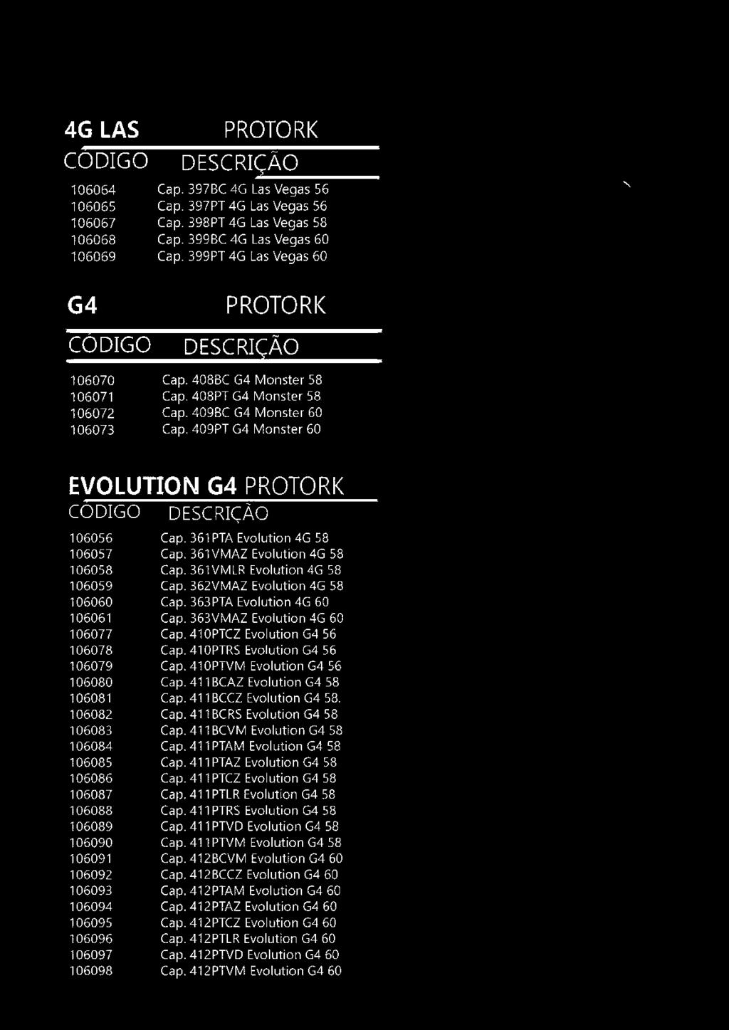 363VMAZ Evolution 4G 60 Cap. 410PTCZ Evolution G4 56 Cap. 41 OPTRS Evolution G4 56 Cap. 41 OPTVM Evolution G4 56 Cap. 41 1 BCAZ Evolution G4 58 Cap. 41 1 BCCZ Evolution G4 58. Cap. 41 1 BCRS Evolution G4 58 Cap.