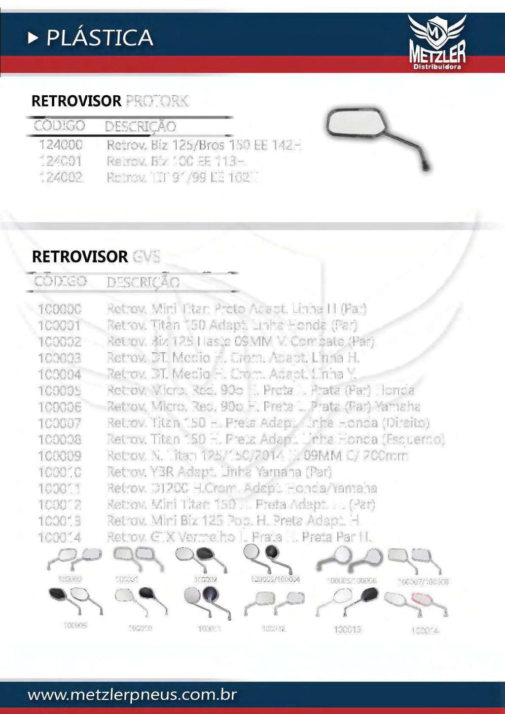 RETROVISOR PROTORK 124000 124001 124002 Retrov. Biz 125/Bros 150 EE 142H Retrov. Biz 100 EE 113H Retrov. TIT 91/99 EE 102H RETROVISOR GVS 100000 Retrov. Mini Titan Preto Adapt.