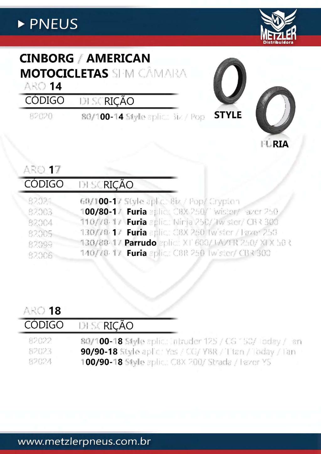 CINBORG / AMERICAN A MOTOCICLETAS SEM CAMARA ARO 14 82020 ""' DESCRIÇAO 80/100-14 Style aplic.