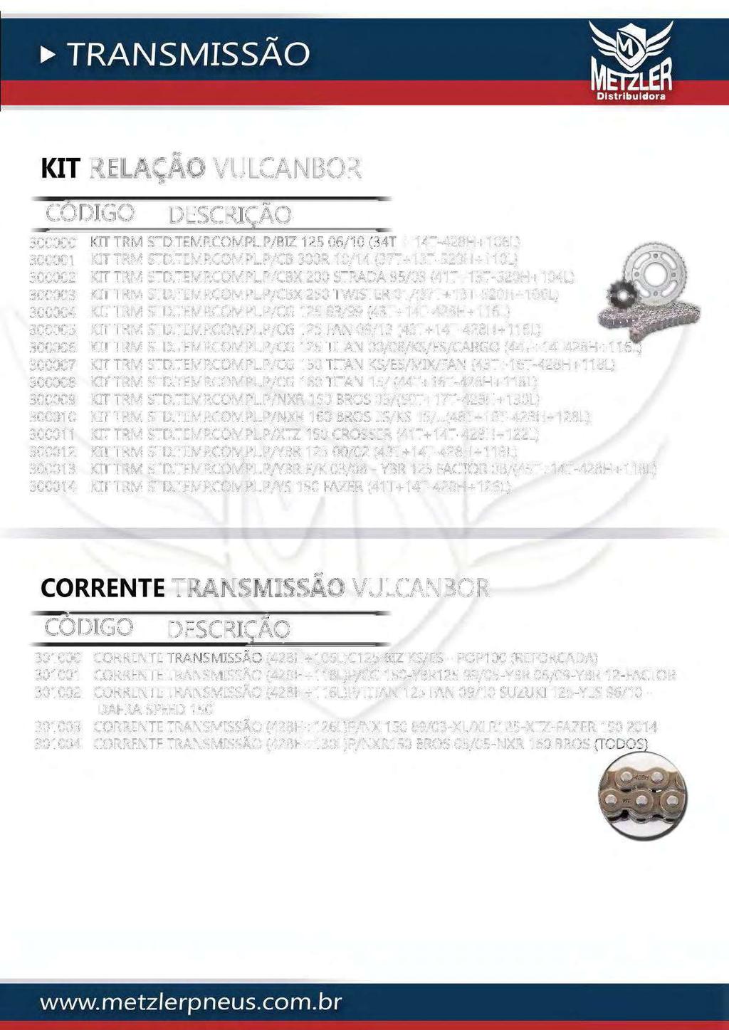 KIT RELAÇÃO VULCANBOR 300000 KIT TRM STD.TEMP.COMPL.P/BIZ 125 06/10 (34T + 14T-428H+106L) 300001 KIT TRM STD.TEMP.COMPL.P/CB 300R 10/14 (37T + 13T-520H+ 110L) 300002 KITTRM STD.TEMP.COMPL.P/CBX 200 STRADA 95/03 (41T+13T-520H+104L) 300003 KIT TRM STD.