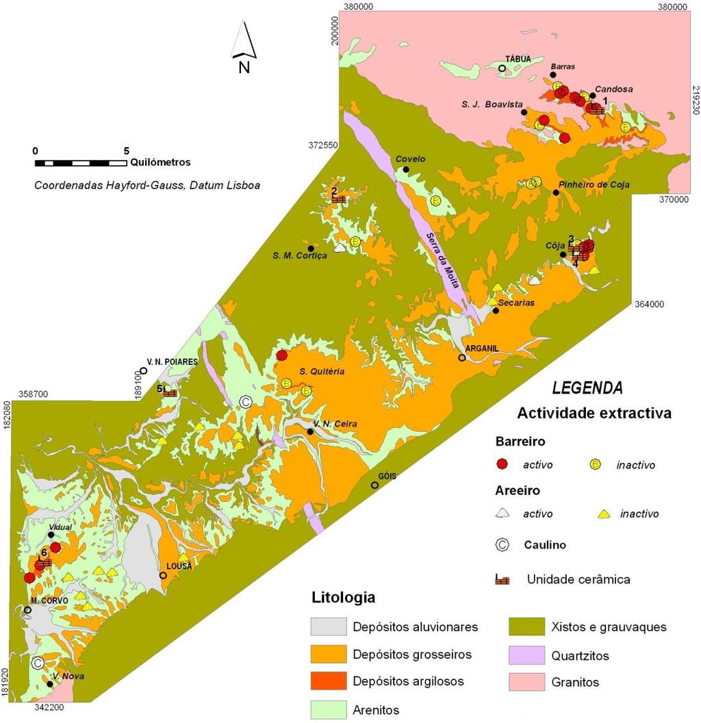 Actividade extractiva Unidades cerâmicas em laboração: 1. Cerâmica da Candosa 2.