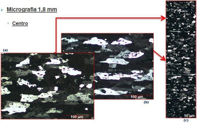 0 ASTM (aumento 100x) e c) Ilustra micrografia realizada em toda espessura do material (aumento 50x). 28 Fonte: (Autoria própria, 2015).