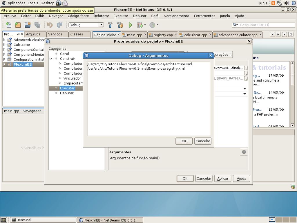 A figura 3. Apresenta o path utilizado nesse relatório. Figura 3. Configurando os argumentos Compile todos os projetos. Botão direito sobre o projeto e selecione a opção limpar e construir.