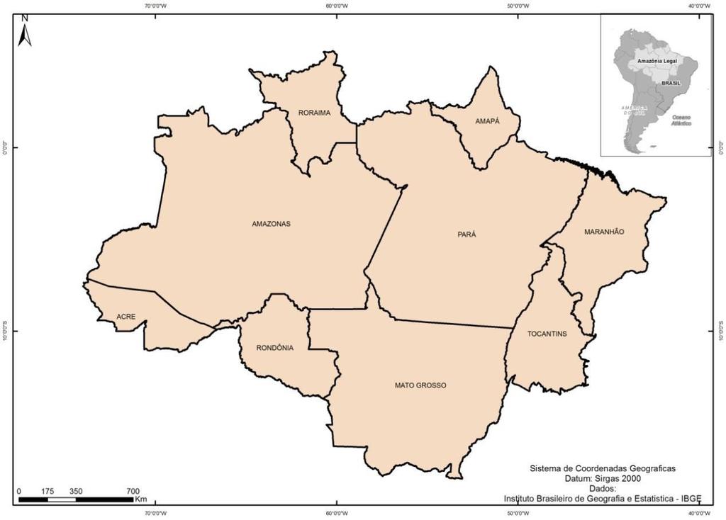 METODOLOGIA ÁREA DE ESTUDO A Amazônia Legal é composta pelos estados do Pará, Amapá, Amazonas, Acre, Roraima, Rondônia, Mato Grosso, Tocantins e Maranhão, conforme a figura 01 salienta-se que alguns