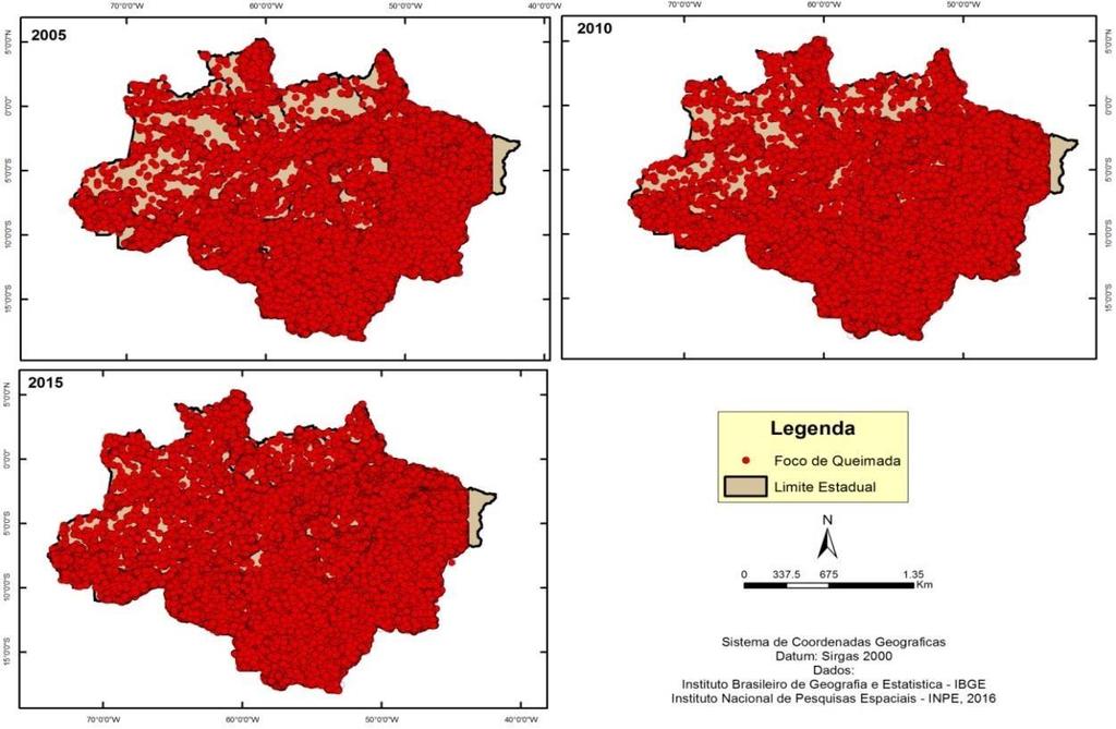 Figura 02: Mapa de distribuição dos focos de queimadas na Amazônia Legal nos anos de 2005; 2010 e 2015.