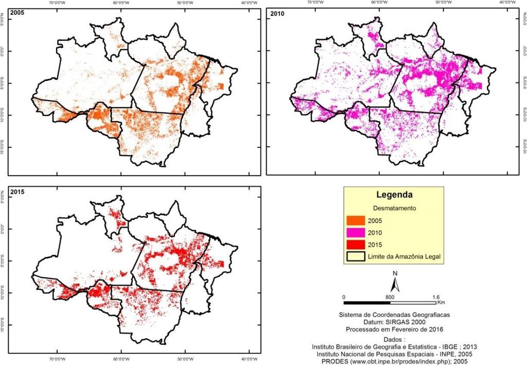 Elaborou-se mapas de distribuição multitemporal do desmatamento, porém notou-se ao longo das análises como demonstrado na figura 03 que o desmatamento diminuiu ao longo dos anos estudados.