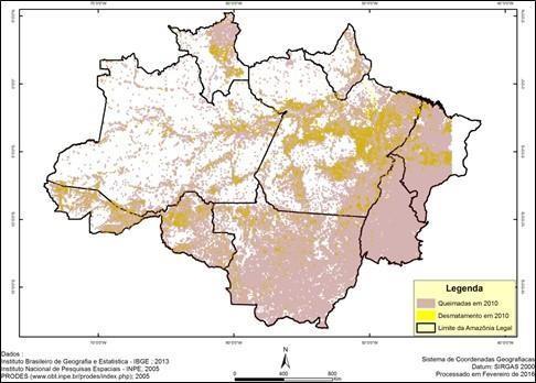 Figura 05: Mapa da sobreposição do desmatamento e das queimadas na Amazônia Legal no ano de 2010.