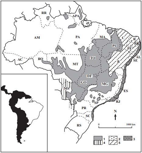 8 Figura 1: Distribuição do cerrado e vegetações associadas no Brasil. Legenda: 1- Cerrado, 2- Chaco, 3- Mata Atlântica, 4- Pantanal e 5- Caatinga (Retirado de FURLEY, 1999).