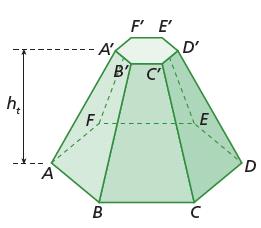 Elementos de um tronco de pirâmide Considerando o tronco de pirâmide da figura ao lado, temos: base maior: superfície poligonal ABCDEF; base menor: superfície