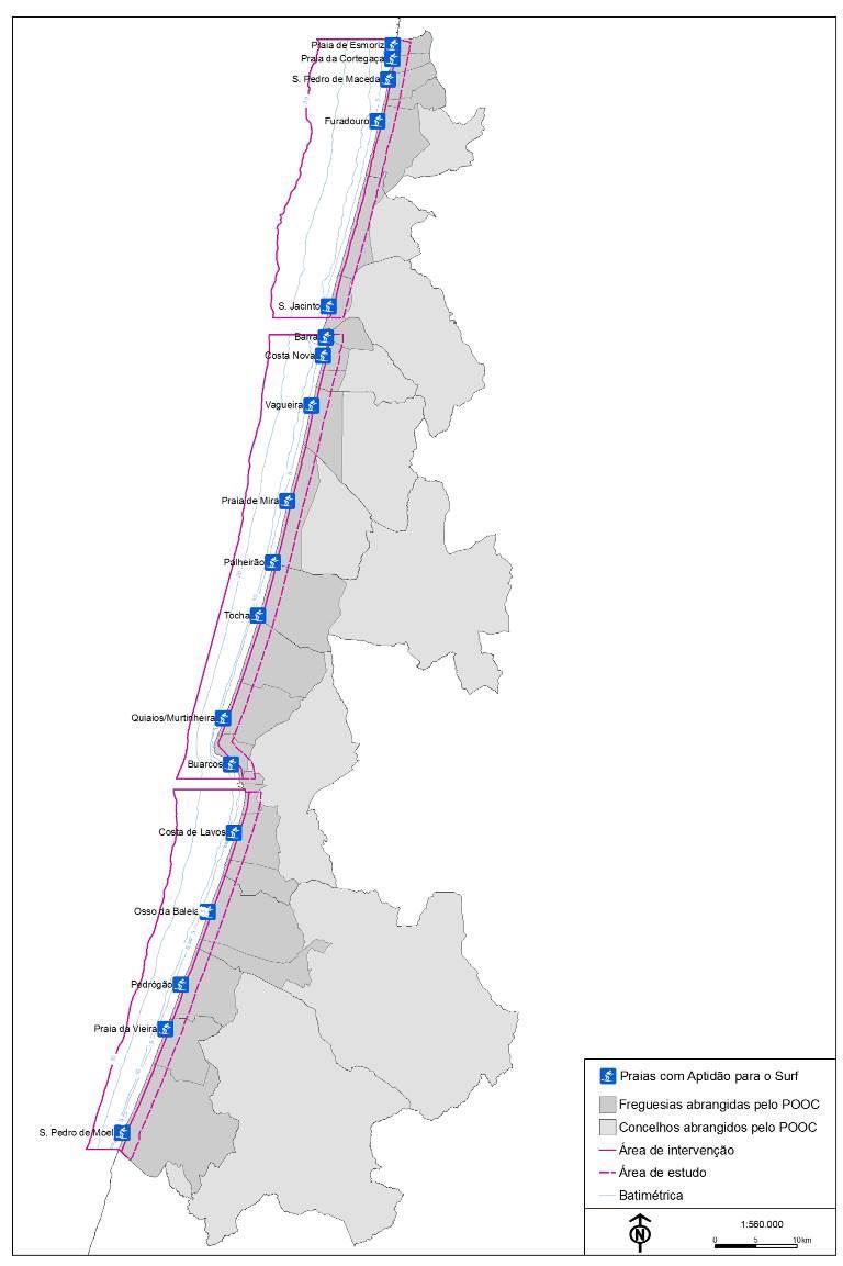 Figura 37 - Praias com potencial para a prática de desportos de mar e ondas na área de intervenção.