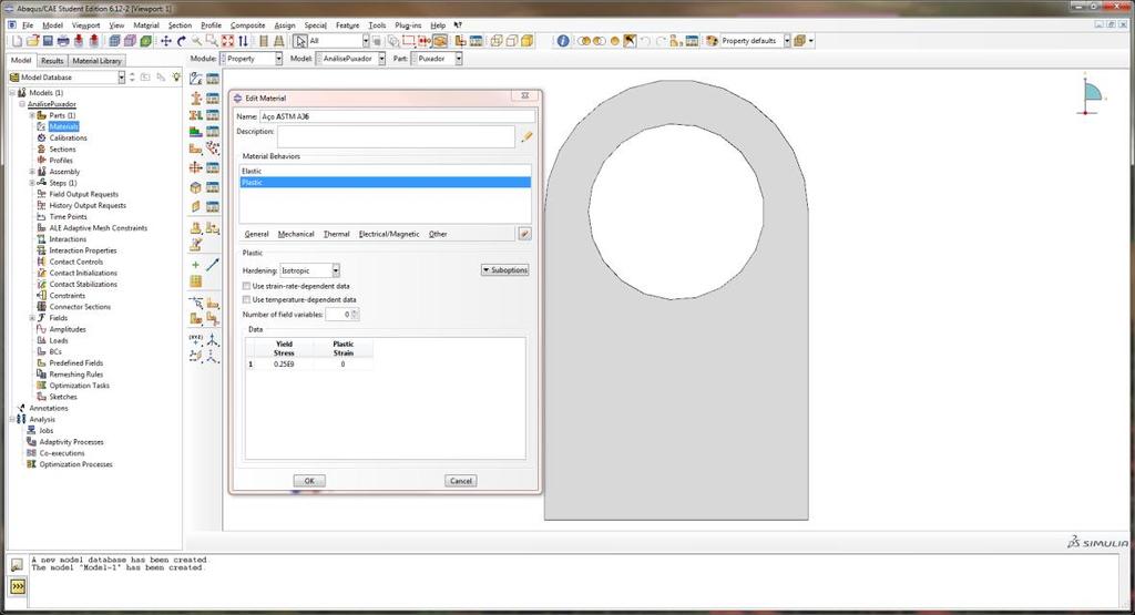 No menu Model à esquerda, dê duplo clique em Materials. Na janela Edit Material renomeie o material para Aço ASTM A36, selecione Mechanical>Elasticity>Elastic e digite 0.2E12 em Young s Modulus e 0.