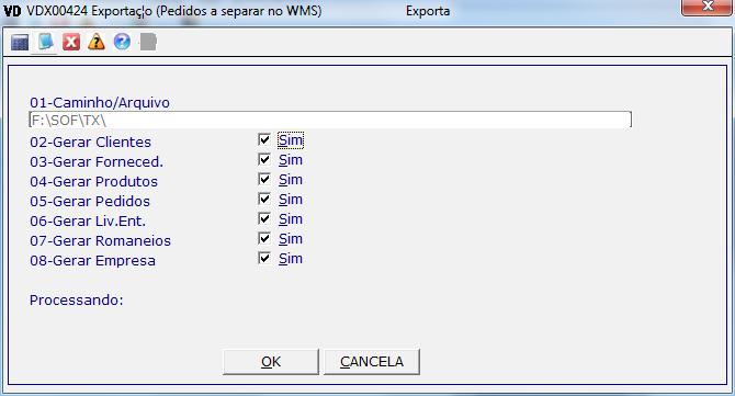 3.1. Exportação (Pedidos a separar no WMS) 7 O arquivo "WMS.TXT" será gerado na pasta informada no campo "01-Caminho/Arquivo" que por padrão é "?