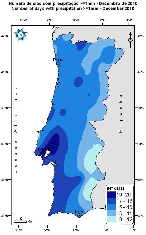 2 Nº de Dias com Precipitação 1 mm e Nº de Dias com Temperatura mínima 0ºC O número de dias com precipitação superior ou igual a 1 mm no Continente foi superior ao valor normal, 1971-2000.