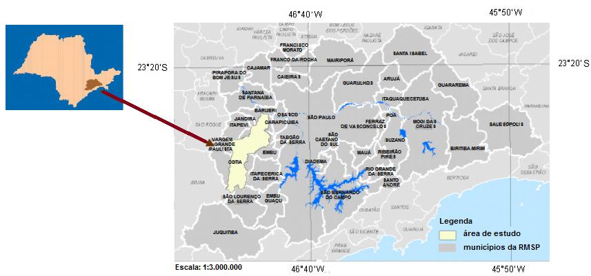 26 1.2 Localização da área de pesquisa O rio Cotia localiza-se na bacia hidrográfica de mesmo nome com sua área aproximada de 250 km 2 (FESB, 1972b) (Figura 1).