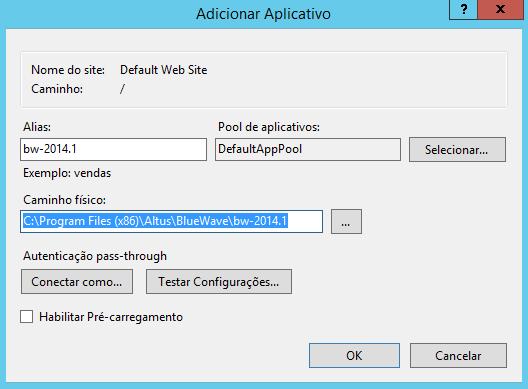 O próximo aplicativo é o TVisualizerWeb/TVisualizerRemote, informe no campo Alias: o seguinte nome: bw-2014.1, informe no campo Caminho físico: C:\Program Files (x86)\altus\bluewave\bw-2014.1. A figura 4.