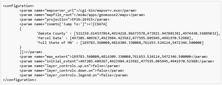Figura 19 Geomoose - Parte do ficheiro XML de configuração de uma aplicação (retirado de (Geomoose, 2011)) A plataforma MapFish inclui, além do componente servidor descrito no ponto anterior, uma