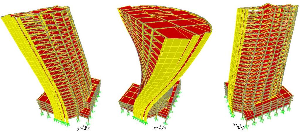 Figura 6.4 Deformada da estrutura para os três primeiros modos de vibração. O comportamento dinâmico de um edifício é essencialmente influenciado pela sua frequência fundamental.