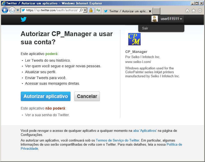 (2-B) Ao entrar no Twitter com o nome de usuário usado para o CP_Manager (d) (e) Confirme que o nome de usuário em (d) seja o mesmo usado para o CP_Manager e clique em Authorize app (e).