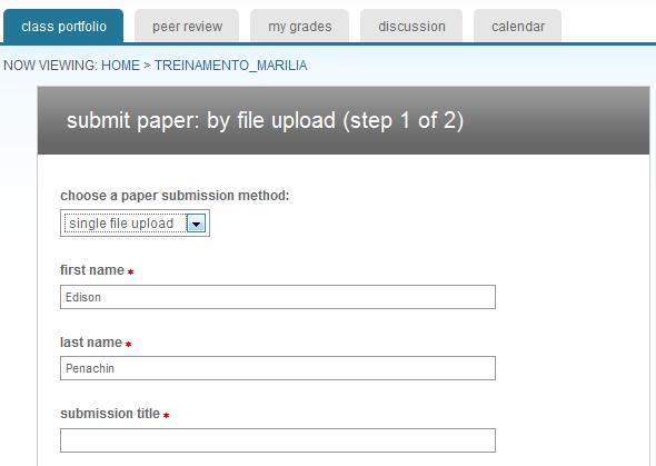 Submissão de arquivo simples Na página de submissão já aparecerá o seu nome.