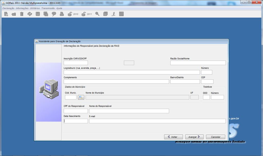 Na tela seguinte terá que ser preenchido com os dados do Responsável pela entrega da RAIS após preencher clicar no botão avançar.