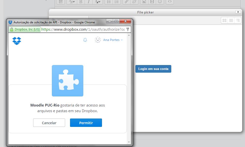 Por exemplo, se escolher a opção Meu Dropbox, aparecerá uma tela solicitando a permissão para acessar os seus