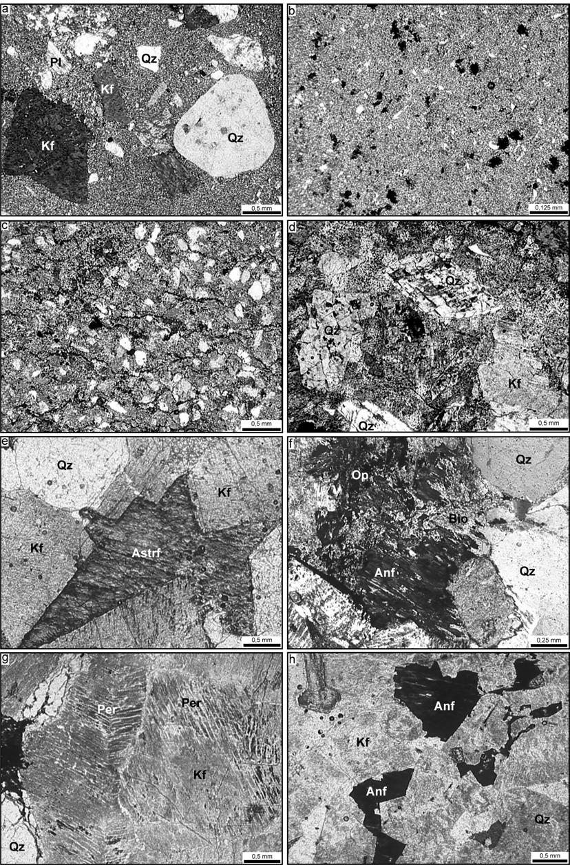 Figura 4 - Fotomicrografias mostrando aspectos texturais do Granito Europa e das rochas vulcânicas do Grupo Iricoumé ao seu entorno.