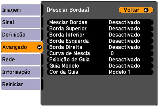 Referências relacionadas Configuração de opções do projetor - menu Definição Mesclar as bordas da imagem Você pode usar a função Mesclar Bordas do projetor para criar uma imagem sem emendas de