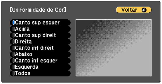 8. Aperte os botões de seta para a direita e para a esquerda para ajustar o nível e depois aperte Esc. 9. Selecione a configuração Iniciar Ajustes e aperte Enter. 10.