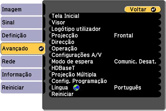 Configuração de opções do projetor - menu Avançado As configurações no menu Avançado permitem que personalize várias opções que controlam a operação do projetor.