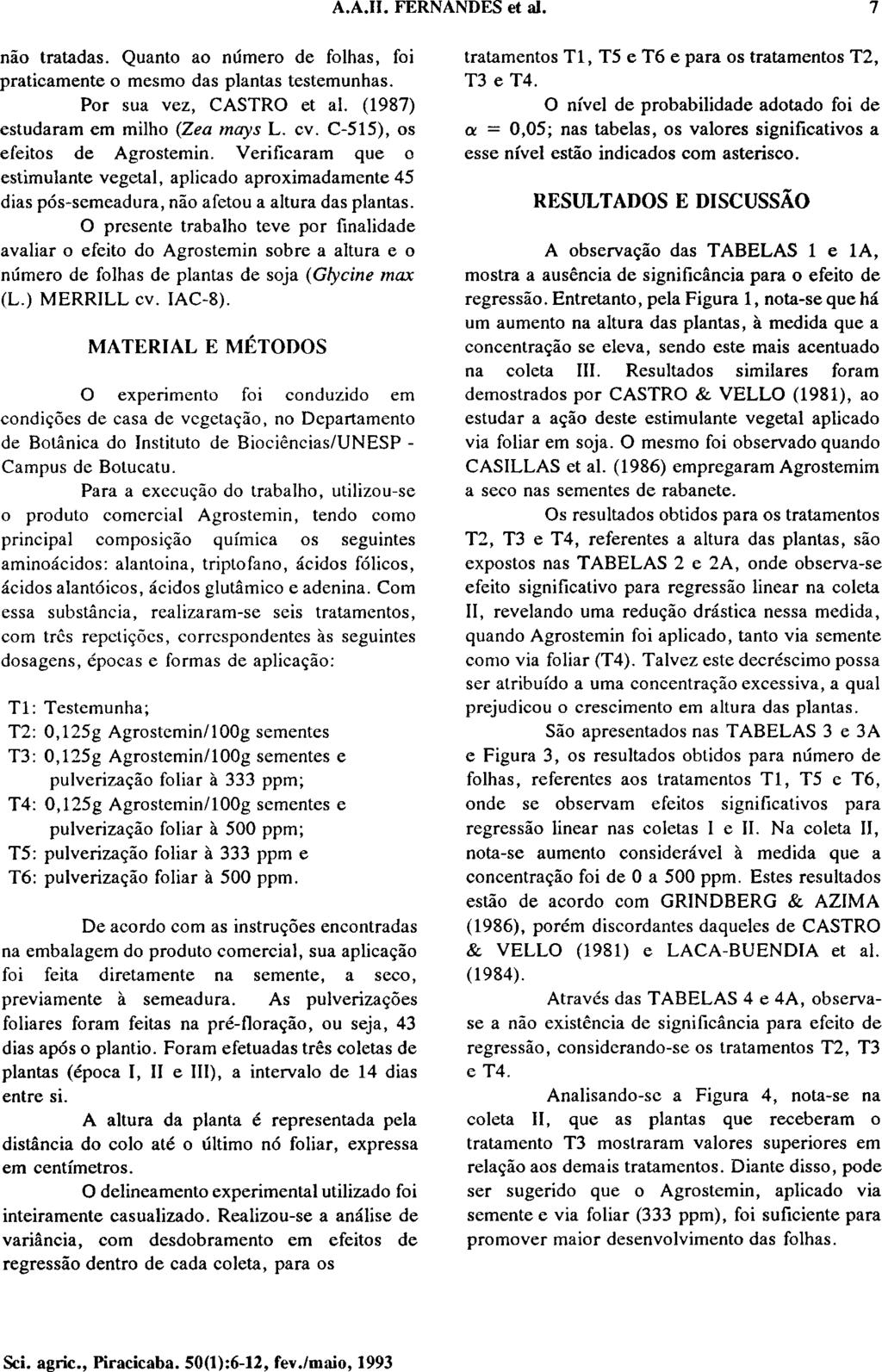 não tratadas. Quanto ao número de folhas, foi praticamente o mesmo das plantas testemunhas. Por sua vez, CASTRO et al. (1987) estudaram em milho (Zea mays L. cv. C-515), os efeitos de Agrostemin.