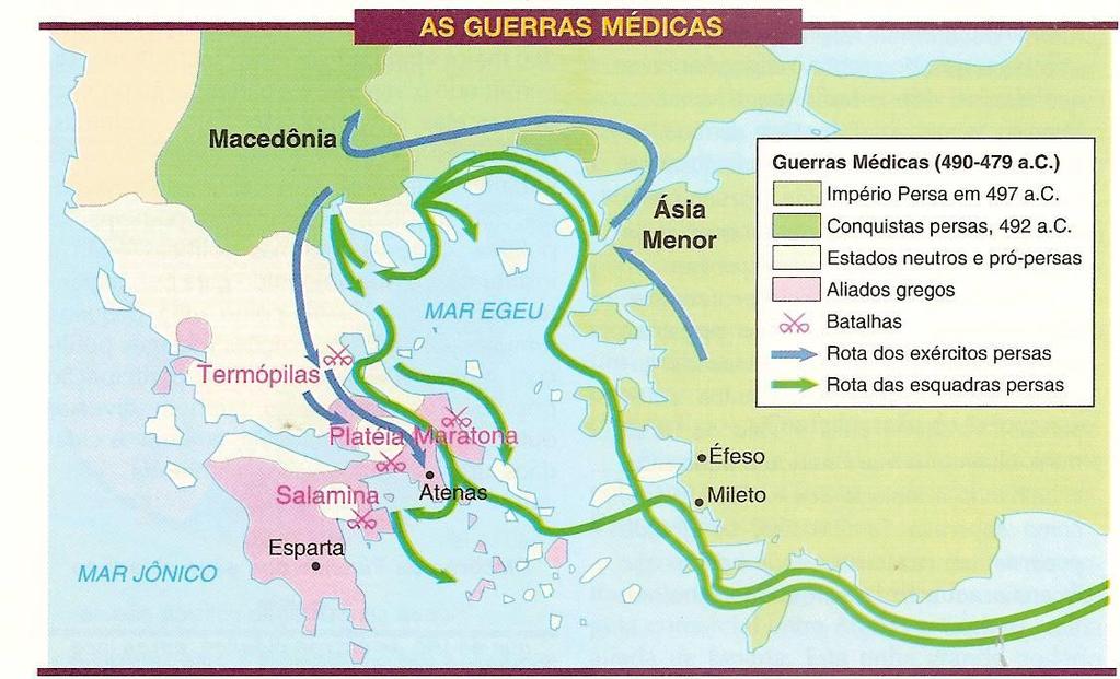 PERÍODO CLÁSSICO Guerras Médicas : - gregos X persas. Causas: imperialismo persa (expansão persa na Ásia Menor). Batalha em Maratona : vitória grega.