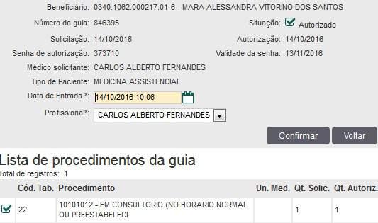 Figura 23 Lista de procedimentos da guia Ao confirmar nesta tela a consulta, ela cairá na listagem de Consultas em aberto, junto com as outras guias que já estiverem aguardando execução.