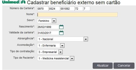 Por meio da tela apresentada, o usuário prestador validará os dados apresentados na tela com os dados contidos na carteira do beneficiário intercâmbio.