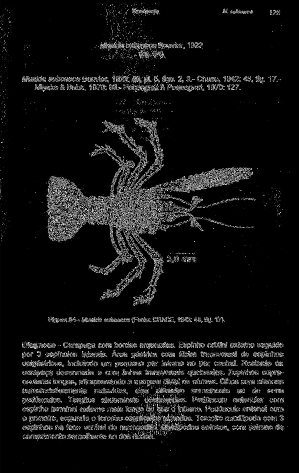 M. subcaeca 128 Munida subcaeca Bouvier, 1922 (fig- 94) Municia subcaeca Bouvier, 1922: 46, pi. 5, figs. 2, 3.- Chace, 1942: 43, fig. 17.- Miyake & Baba, 1970: 93.- Pequegnat & Pequegnat, 1970:127.