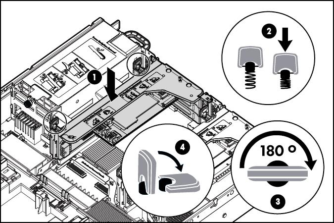 7. Instale uma placa de expansão no compartimento da placa riser PCI. 8. Instale o compartimento secundário da placa riser PCI. 9.