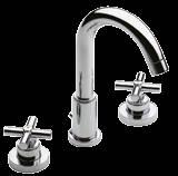 Monoblock basin mixer with high swivel spout, aerator, pop-up waste and flexible supply hoses.