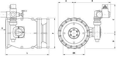 Versão com Atuador Elétrico PN 10 e 16 DN PFA A B C D E F L Massa mm bar mm mm mm mm mm mm mm kg 100 10-16 135 427 423 135 225 270 300 84 150 10-16 160 468 436 160 225 320 350 115 200 10-16 185 496