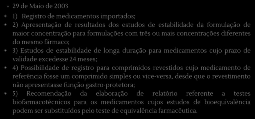 registro para comprimidos revestidos cujo medicamento de referência fosse um comprimido simples ou vice-versa, desde que o revestimento não apresentasse função gastro-protetora; 5)