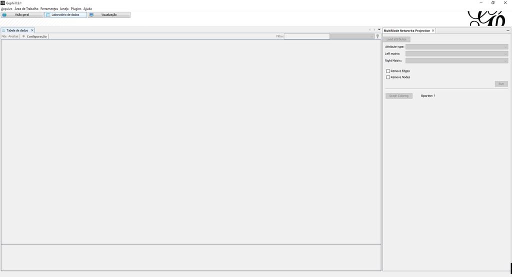 PROBLEMA COMUM: Se você não criar um novo projeto (Arquivo Novo Projeto) O Gephi não