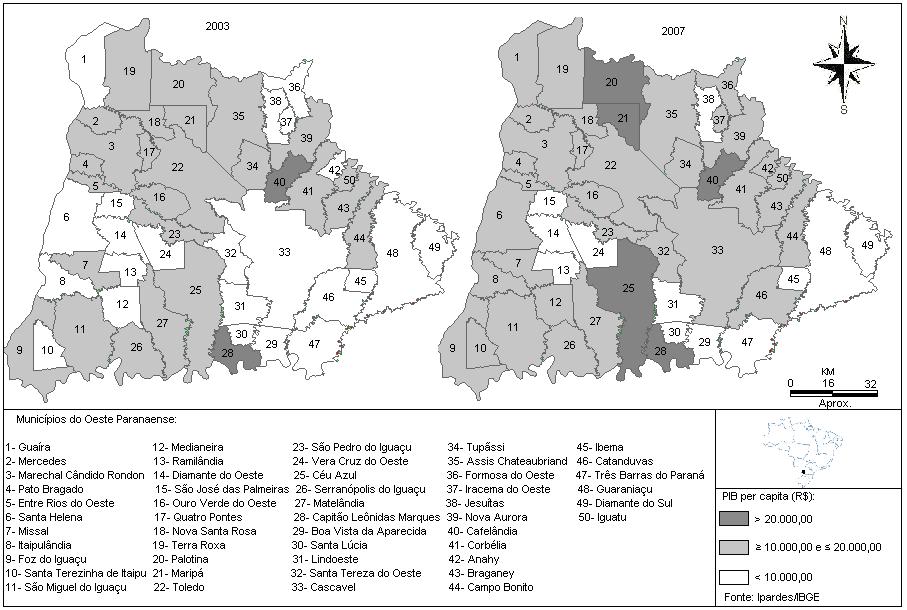 OS TERRITÓRIOS ECONÔMICOS NO OESTE DO PARANÁ: UMA ANÁLISE DO SEU CRESCIMENTO NO INÍCIO DO SÉCULO XXI (Diamante do Sul), nota-se que o PIB per capita do menor equivale a apenas 13,47% do maior, em