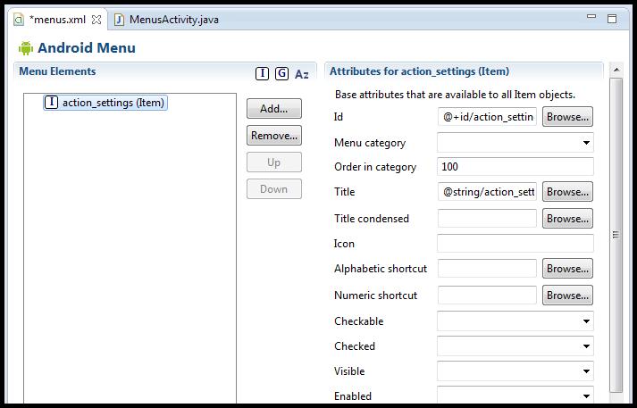 Visualizando as propriedades do item de menu Para demonstrar o uso deste recurso irei criar um menu com três itens de opções : Novo, Abrir e Salvar.