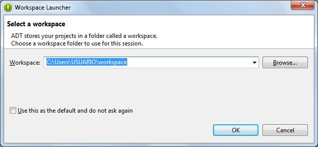 Diretório do Workspace Escolha o diretório desejado para seu Workspace e, caso você deseje que ela seja definitivo, marque a opção Use this