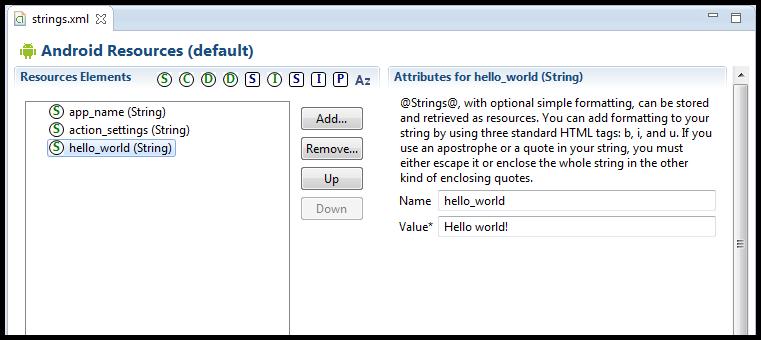 constante hello_world, situado dentro do arquivo strings.xml, por isso o uso da notação @string/hello_world. Vamos abrir o arquivo strings.